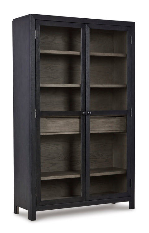 76-Inch Black Glass-Door Display Cabinet with Drawer