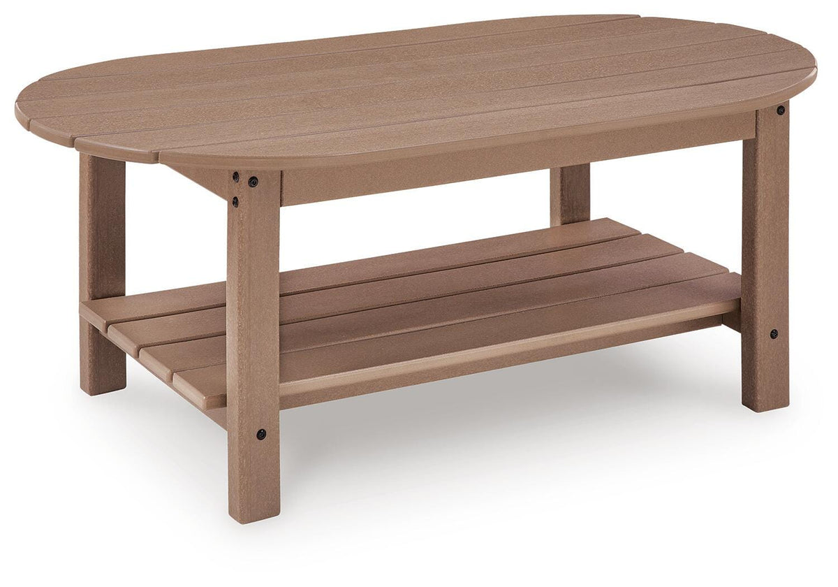 Driftwood, complete oval outdoor coffee table angled view