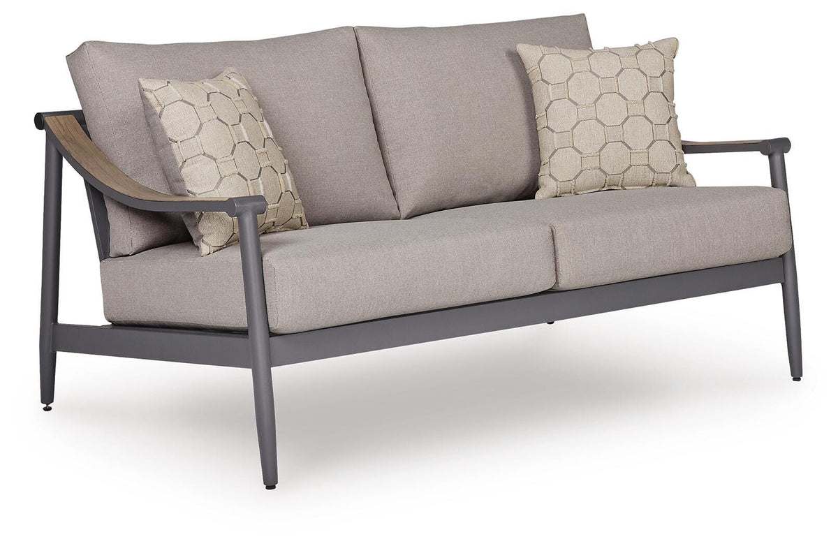 Gray, full cushioned loveseat angled view