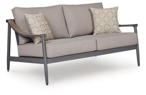 Gray Aluminum Outdoor Loveseat with Wood-Tone Accents