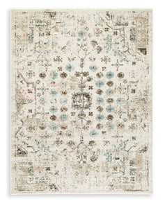 Ivory/Brown/Teal 62.75" x 83", complete rug design; representative size - 5