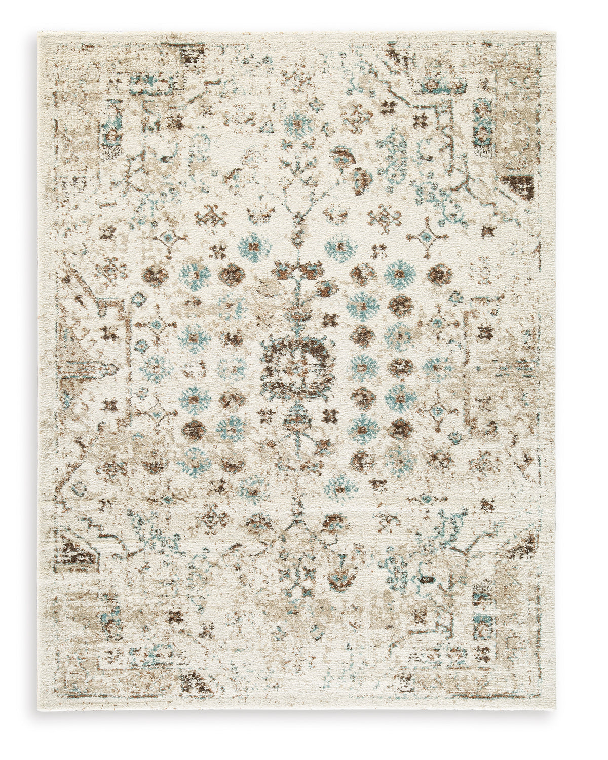 Ivory/Brown/Teal 62.75" x 83", complete rug design; representative size