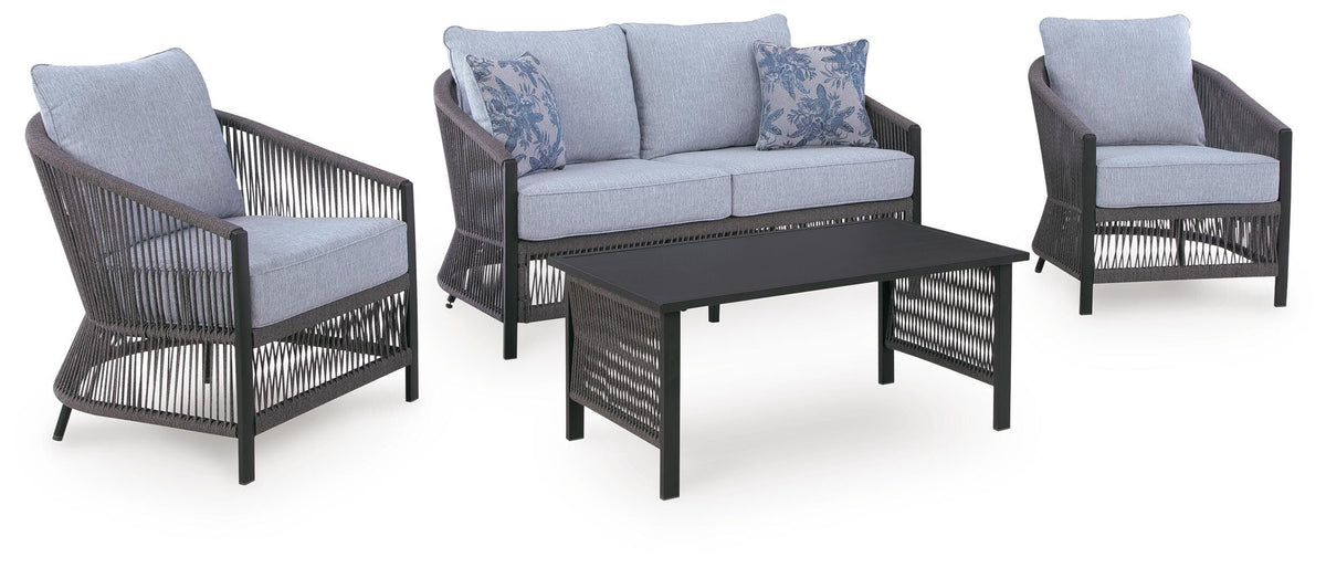 Gray, complete loveseat, two chairs and coffee table