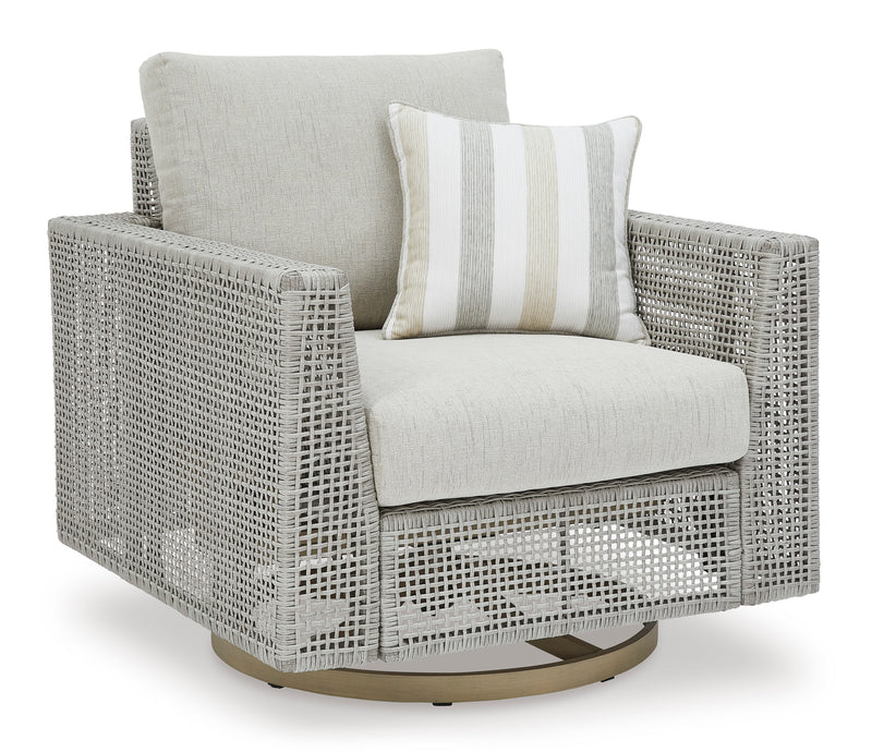 Gray Open-Weave Outdoor Swivel Glider Chair with Cushion and Pillow