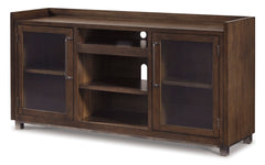 Brown TV stand with glass door cabinets, full product view - 1