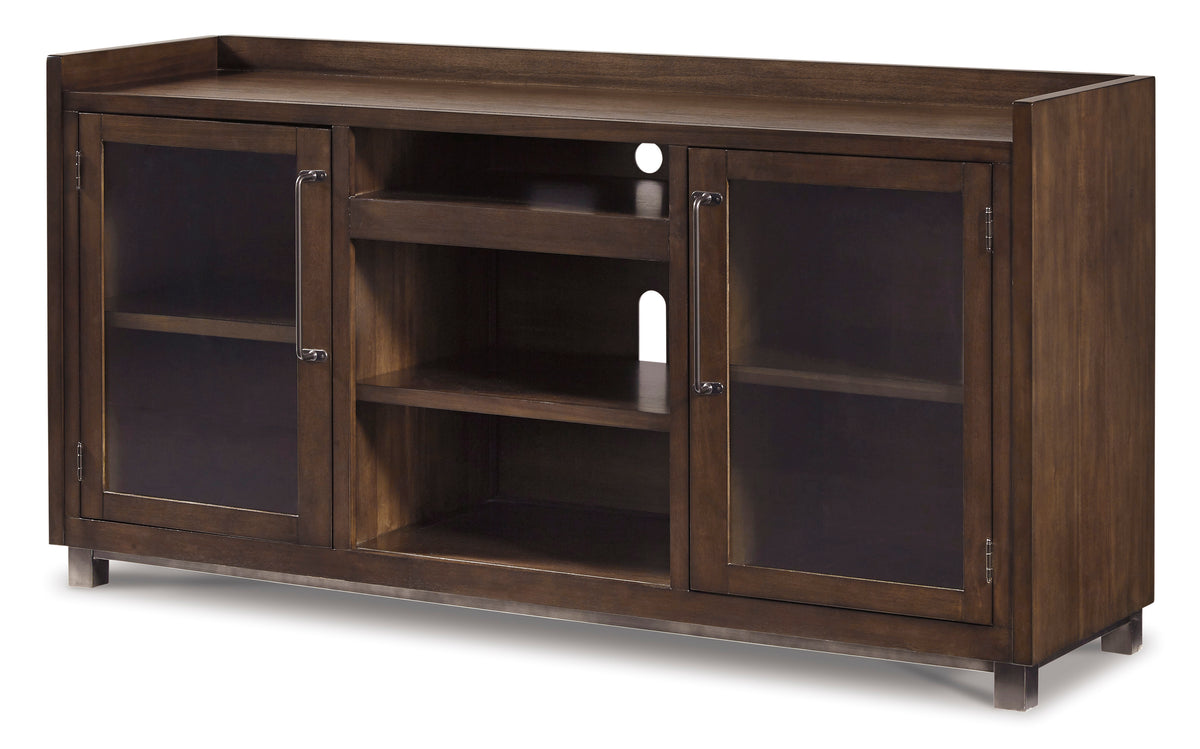 Brown TV stand with glass door cabinets, full product view