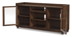 Brown TV stand with glass door cabinets, product view 3 - 3