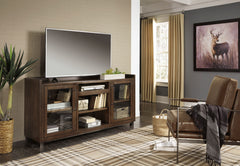 Brown TV stand with glass door cabinets, product view 6 - 6