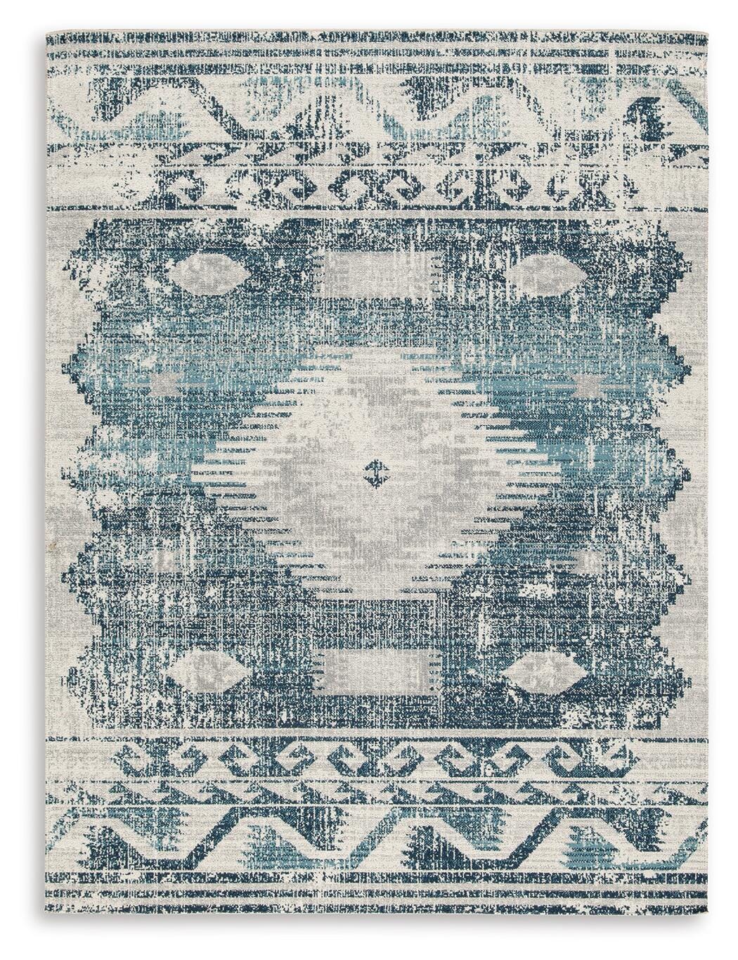 Blue/Gray/Ivory 5' x 7', complete rug overhead view