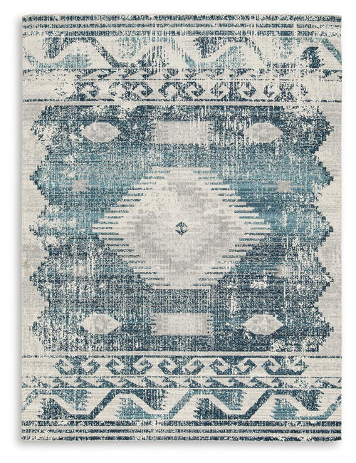 Blue/Gray/Ivory 5' x 7', complete rug overhead view