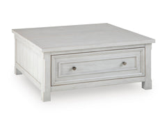 Antique White square lift top coffee table with drawer, full product view - 1
