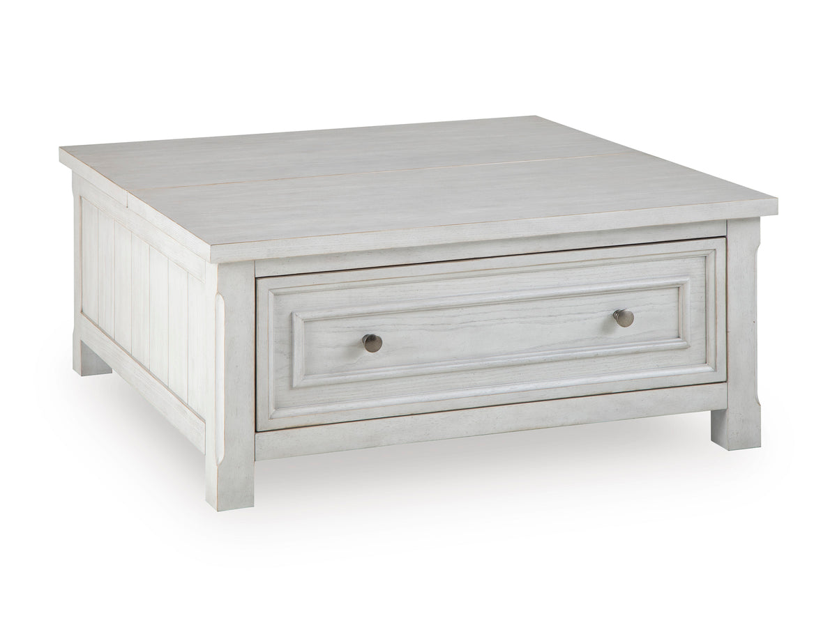 Antique White square lift top coffee table with drawer, full product view