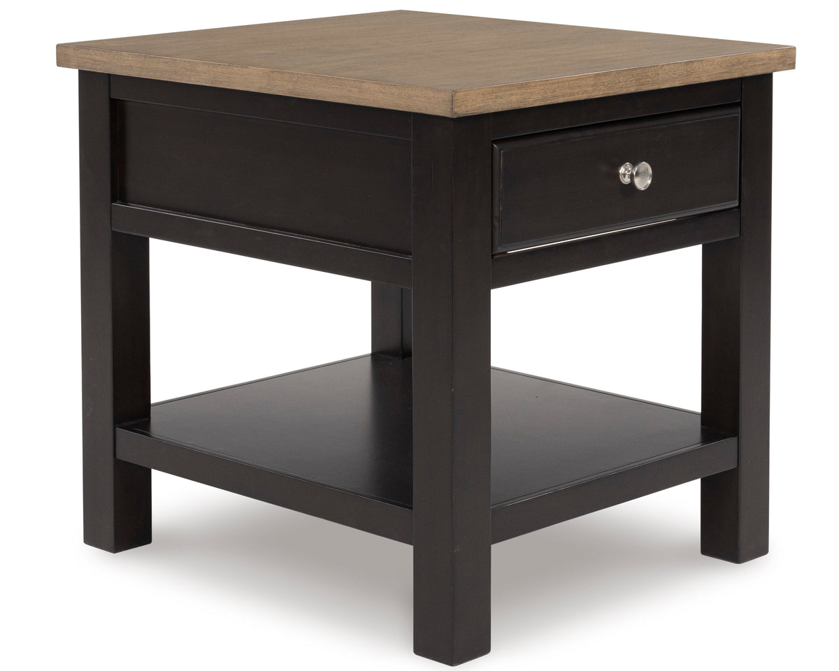 Brown two tone end table with drawer and shelf, full product view