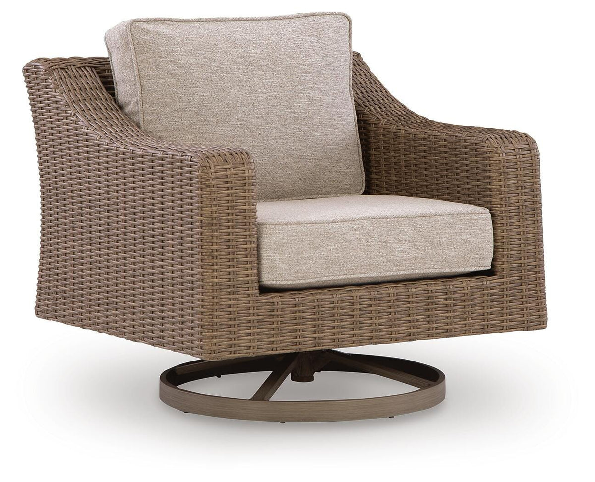 Beige, full swivel lounge chair angled view