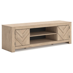 Tan TV stand with side cabinets and center shelf, full product view - 7