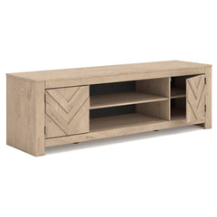 Tan TV stand with side cabinets and center shelf, product view 2 - 8