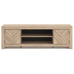 Tan TV stand with side cabinets and center shelf, product view 3 - 9