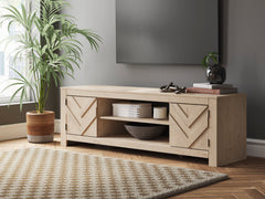 Tan TV stand with side cabinets and center shelf, product view 6 - 12
