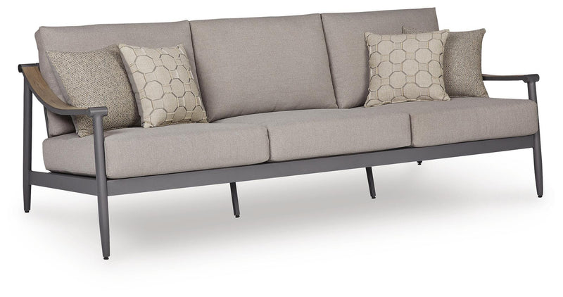 Gray Aluminum Outdoor Sofa with Wood-Tone Accents