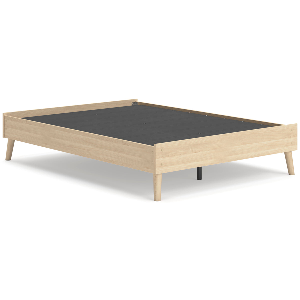 Tan / Full, complete platform bed without mattress, angled view