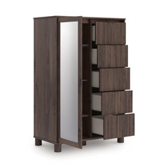 Brown / Brown Reeded Dressing Chest with Mirrored Door — drawers open - 2