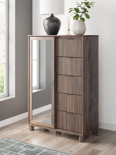 Brown / Brown Reeded Dressing Chest with Mirrored Door — room setting; accessories not included - 4
