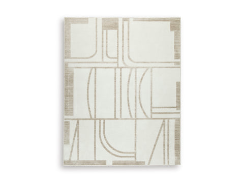 Ivory and Beige Curved Grid High-Low Woven Rug