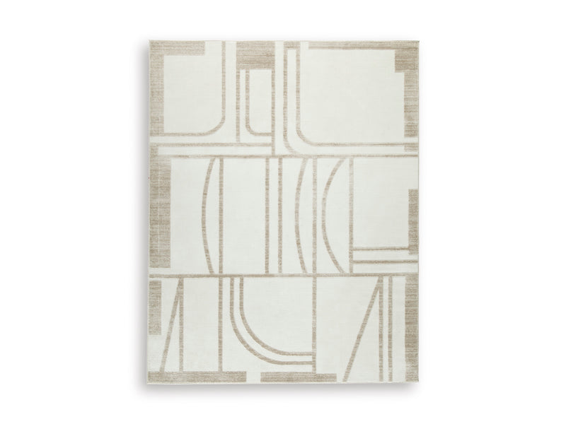 Ivory and Beige Curved Grid High-Low Woven Rug