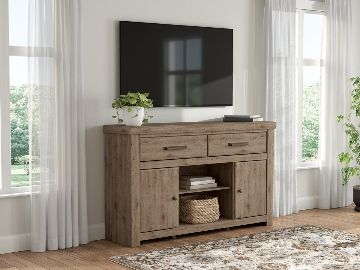 Brown, complete TV stand room view; television and accessories excluded