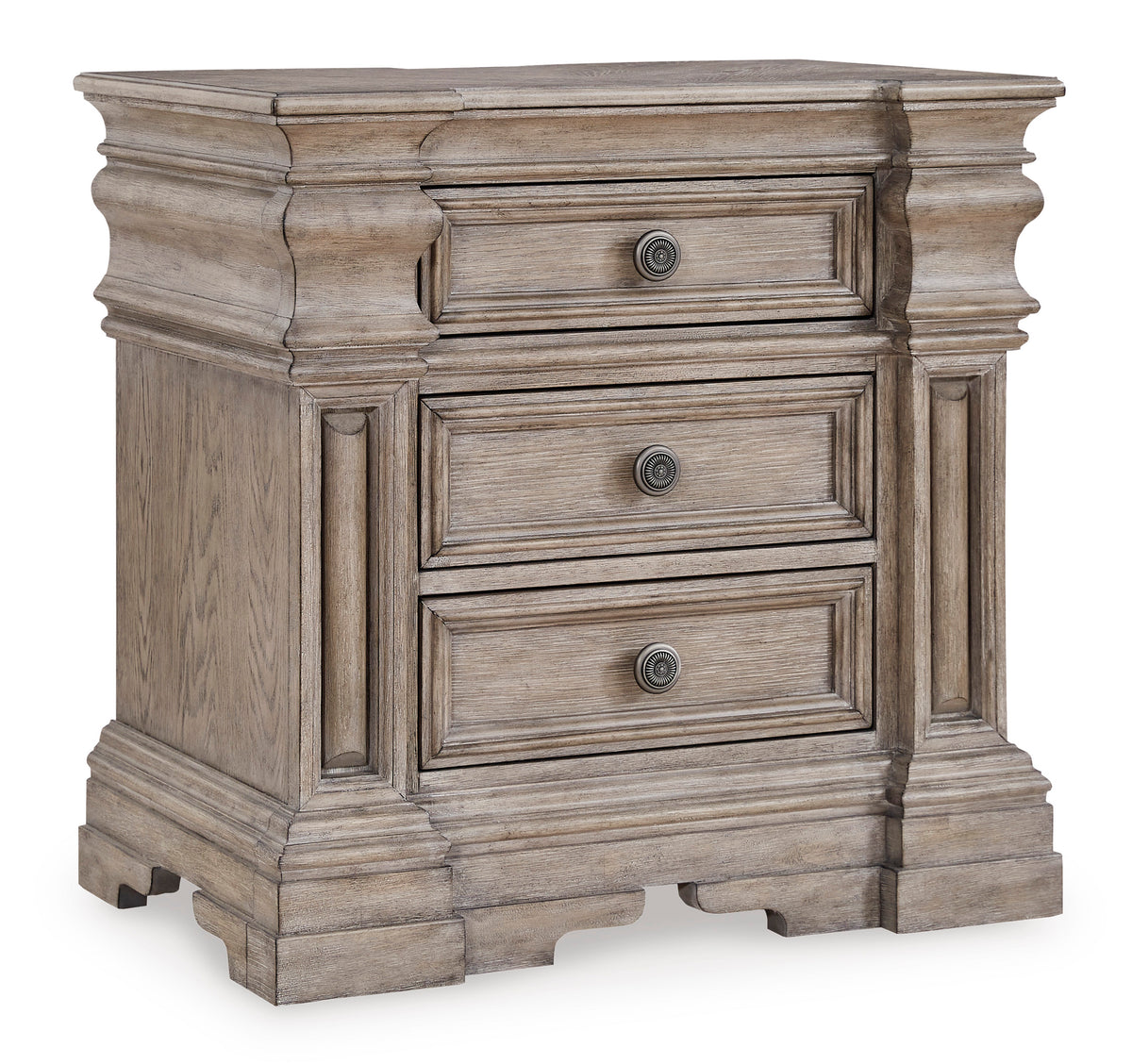 Light Grayish Brown, complete three-drawer nightstand, angled view