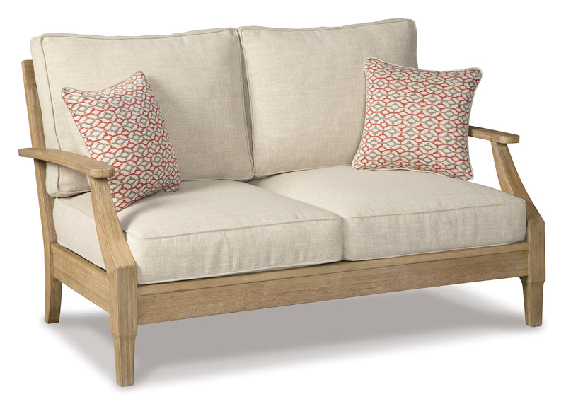Eucalyptus Wood Outdoor Loveseat with Beige Cushions and Two Pillows