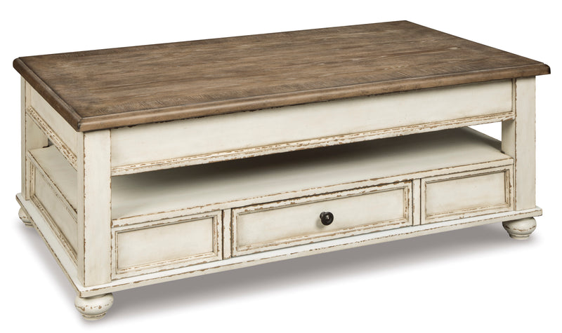 Antiqued White and Brown Lift-Top Coffee Table with Drawer