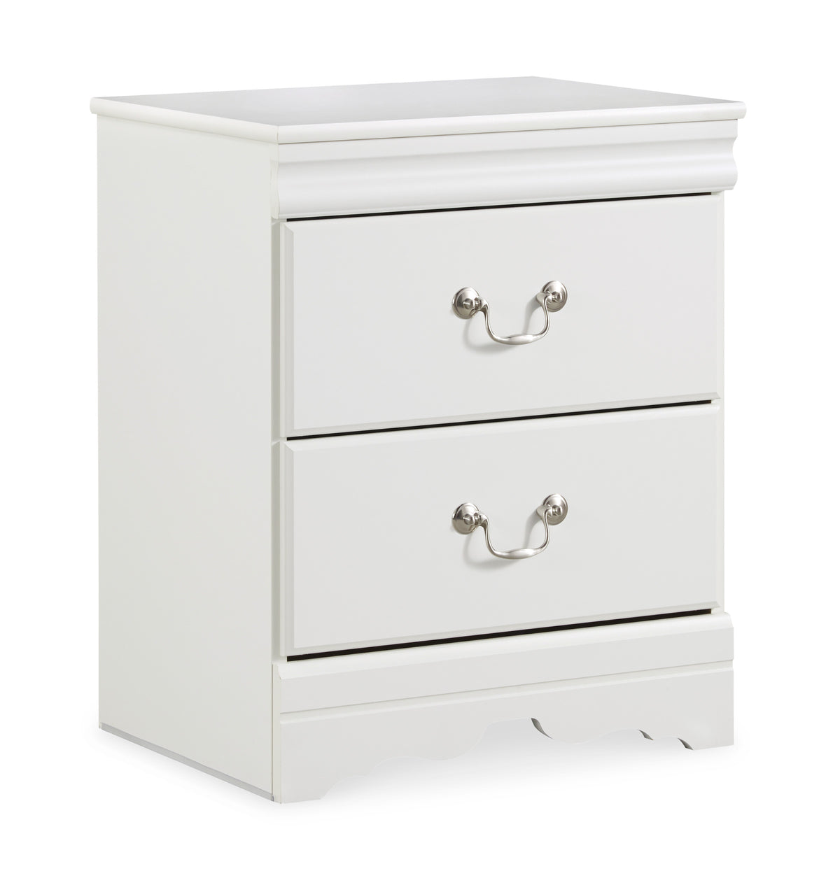 White, complete two-drawer nightstand, angled view