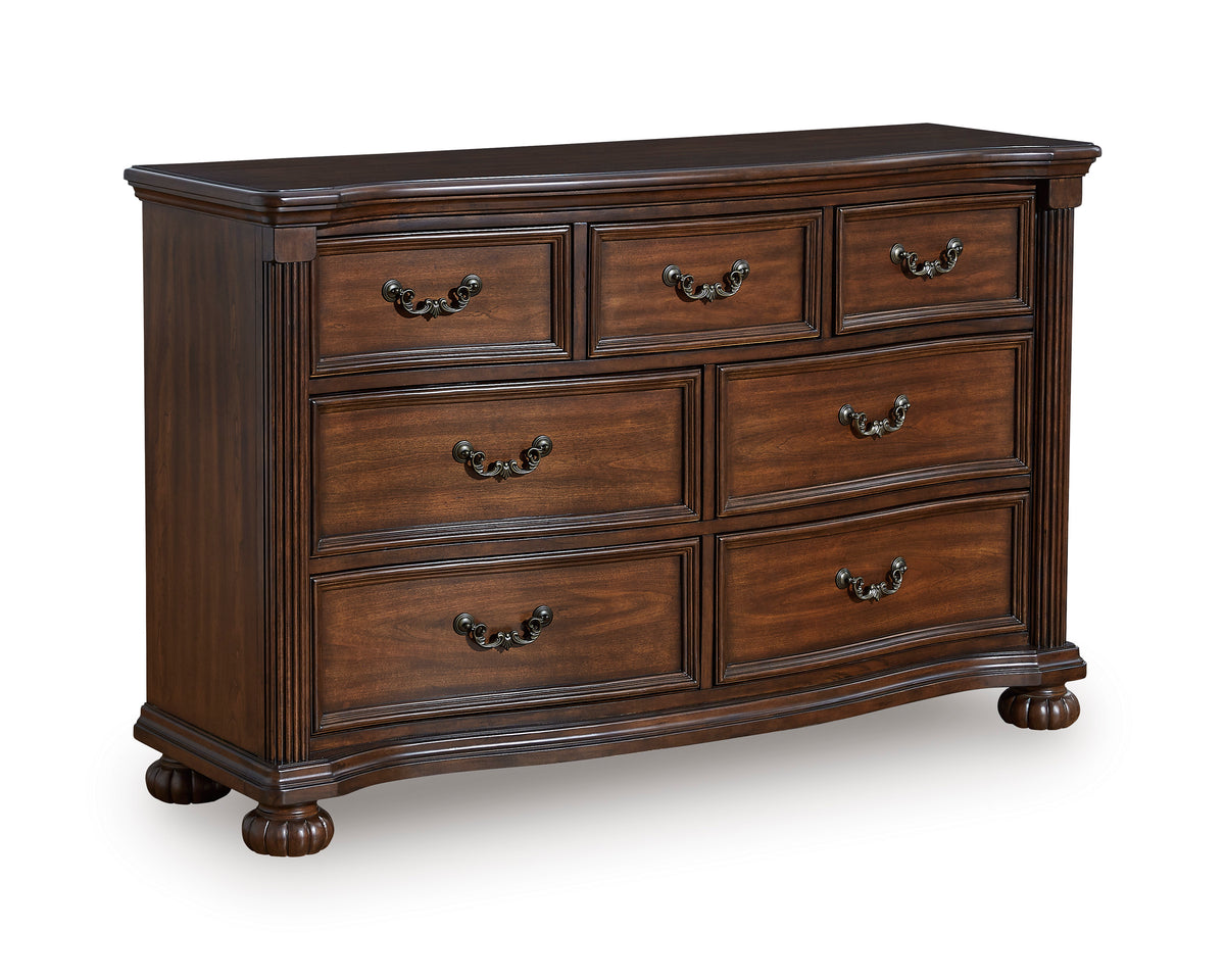 Brown, complete seven-drawer dresser, angled view