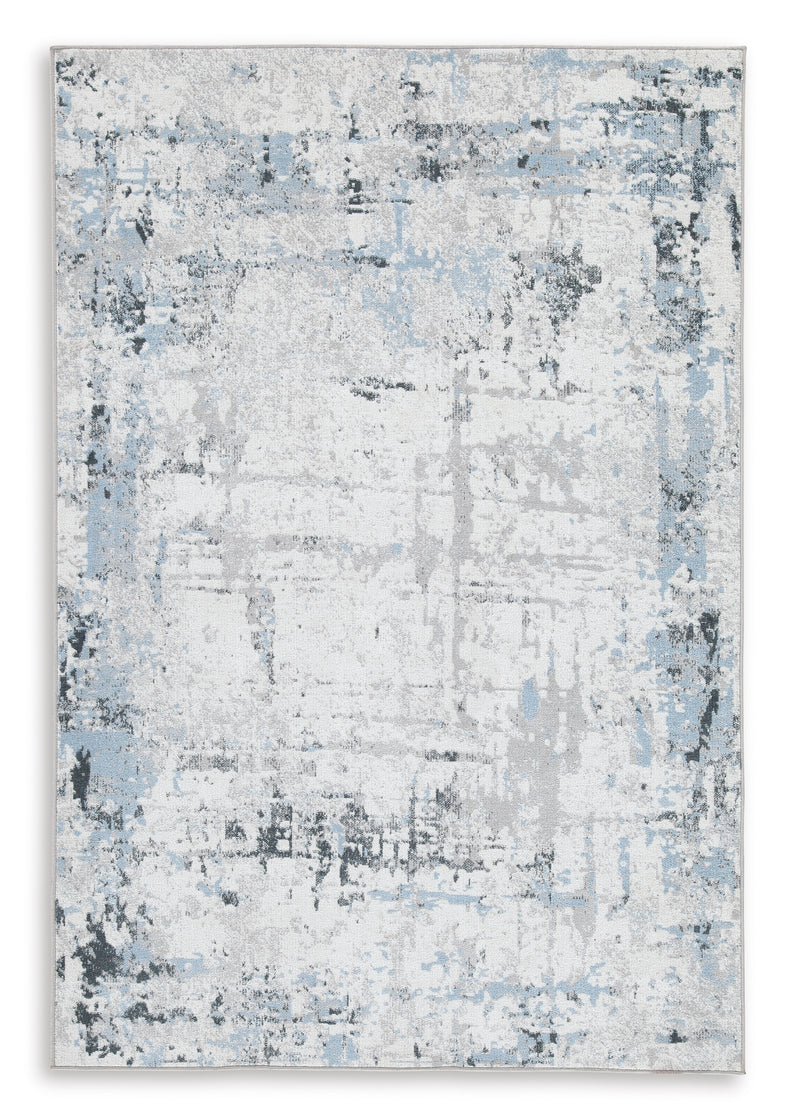 Blue White and Gray Distressed Abstract Machine-Washable Rug