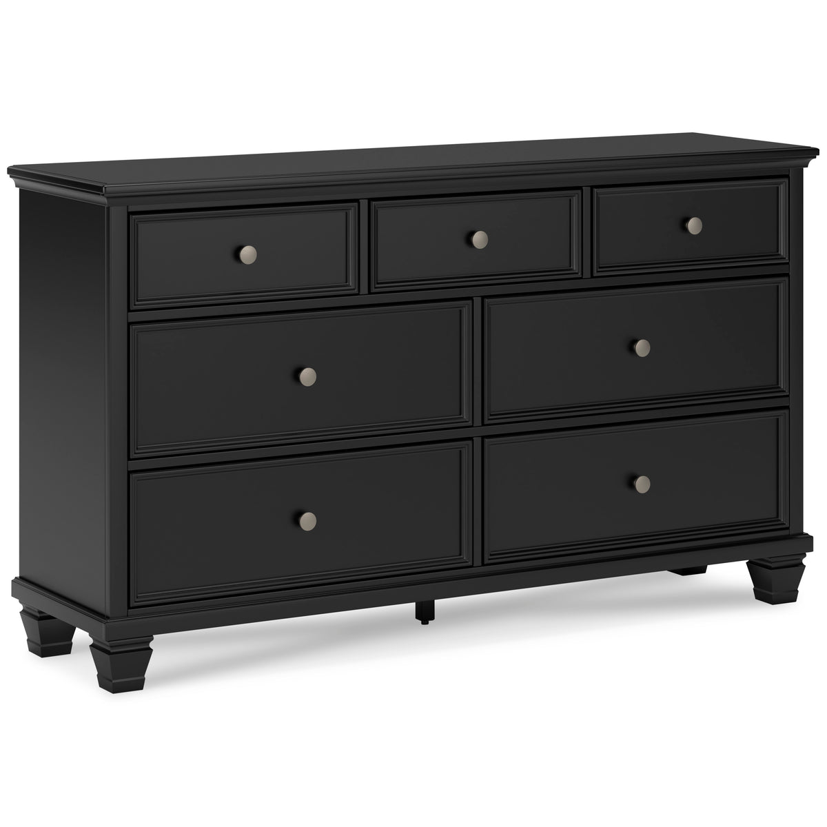 Black, complete seven-drawer dresser, angled view