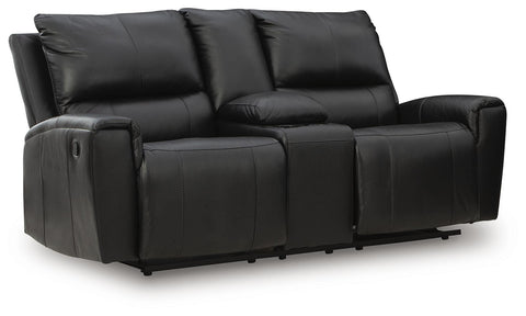 Pillow-Top Leather-Match Manual Loveseat with Console in Black