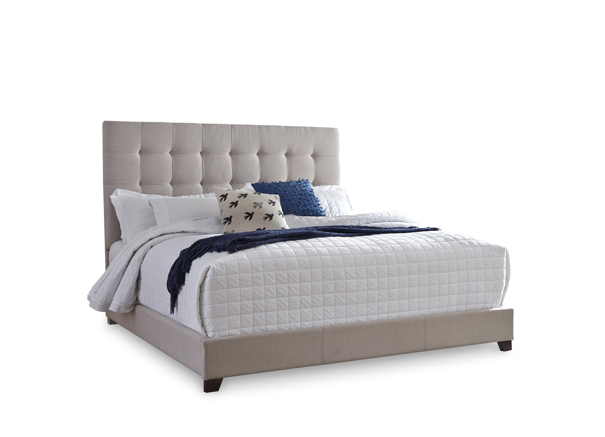 Beige King, complete king upholstered bed; mattress and bedding excluded