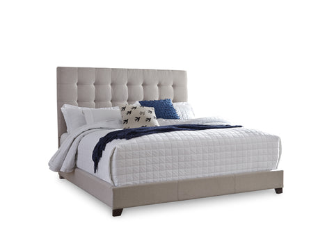 Beige King Upholstered Bed with Square Button-Tufted Headboard