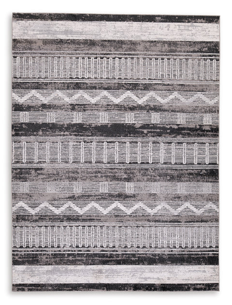 Gray and Ivory Geometric Stripe Machine-Washable Rug