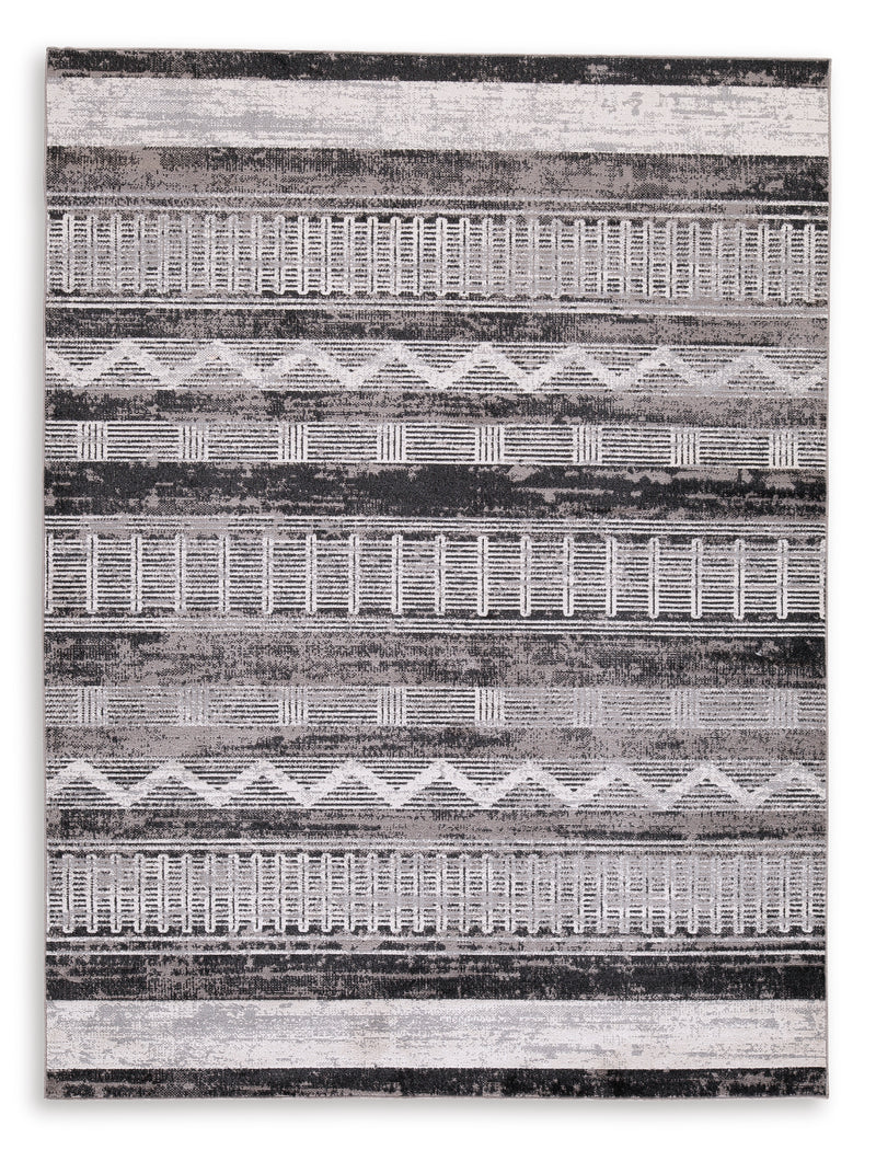 Gray and Ivory Geometric Stripe Machine-Washable Rug