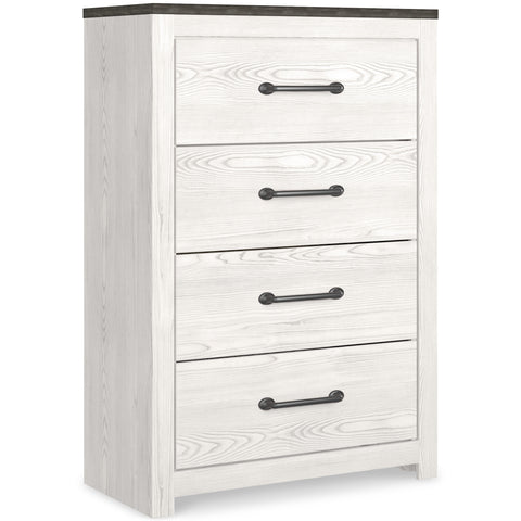 White and Gray Four-Drawer Chest with Dark Pulls