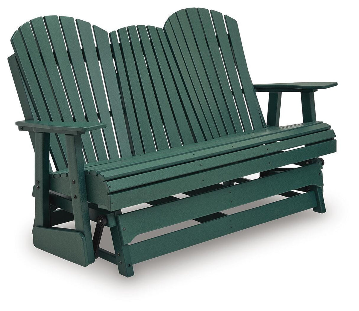 Green, full glider loveseat with table folded up