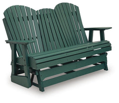 Green, full glider loveseat with table folded up - 1