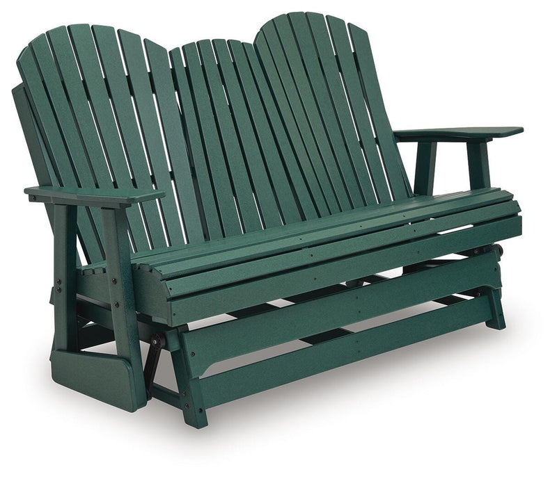 Green HDPE Outdoor Glider Loveseat with Drop-Down Cup Holder Table