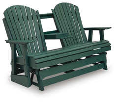 Green, full glider loveseat with table lowered - 3