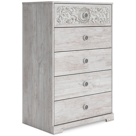 Whitewash Five-Drawer Chest with Decorative Upper Front