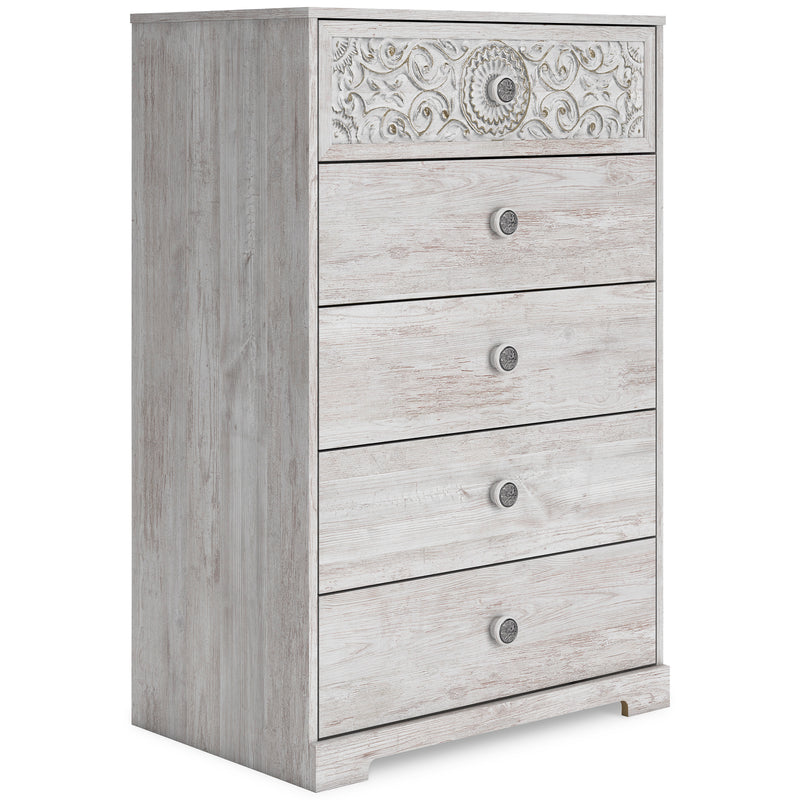 Whitewash Five-Drawer Chest with Decorative Upper Front