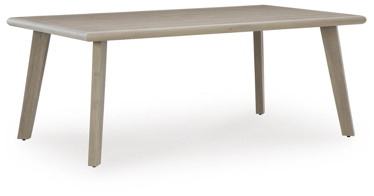 Beige, complete outdoor dining table angled view