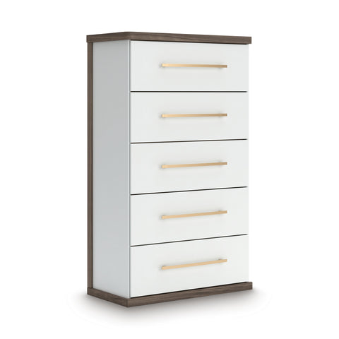 Brown and White Five-Drawer Chest with Champagne-Tone Handles